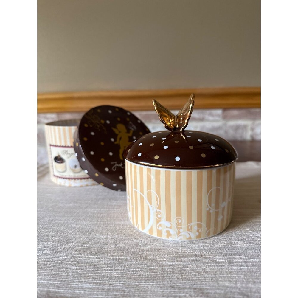 Just Heaven Butterfly Polka Dot Ceramic Storage Jar With Whimsical Gold Wings